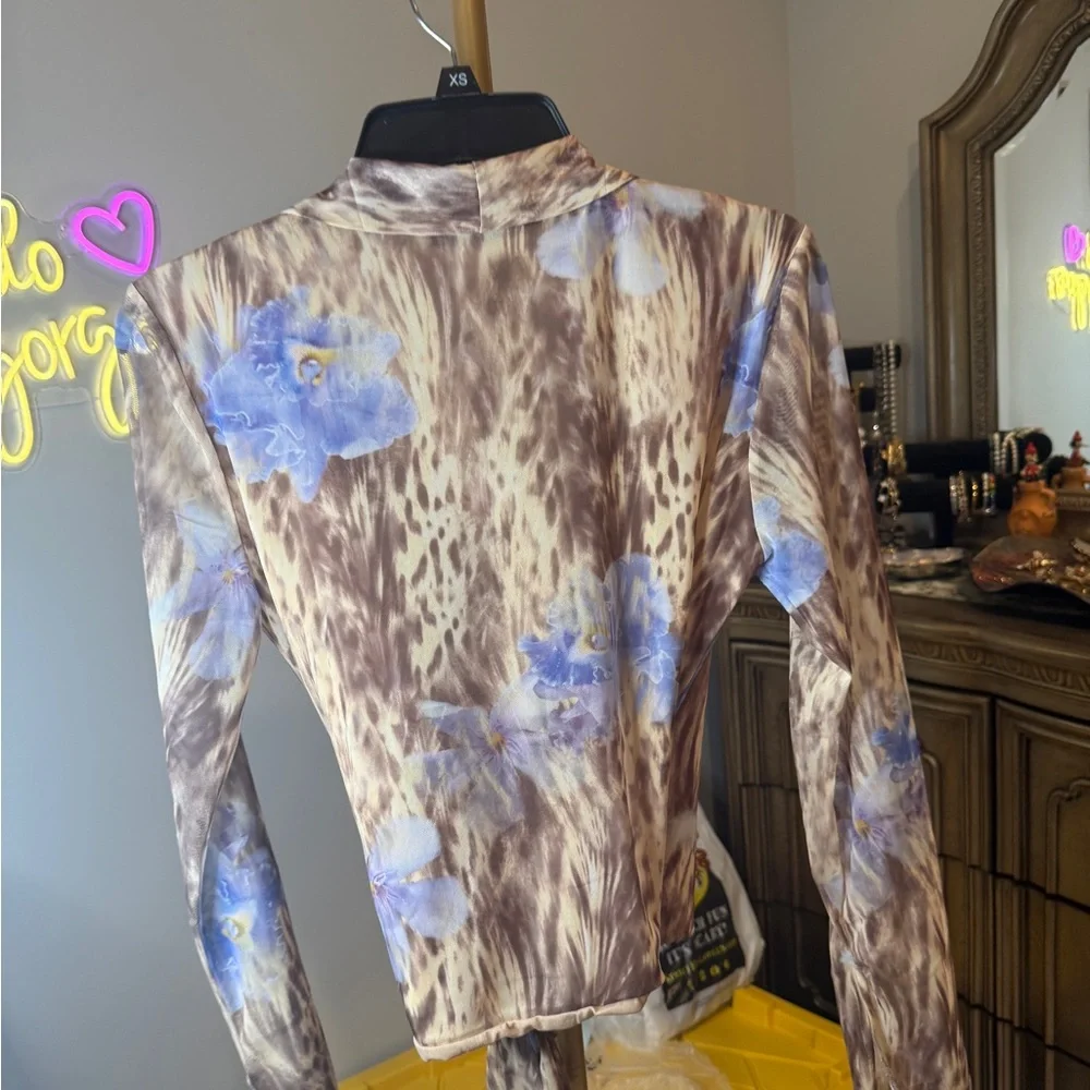 Zara Brown Animal Print Wrap around Blouse with Blue Floral Details - Picture 15 of 16